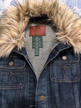 Lauren Ralph Lauren Dark Blue Denim Jacket with Faux Fur Hood Trim